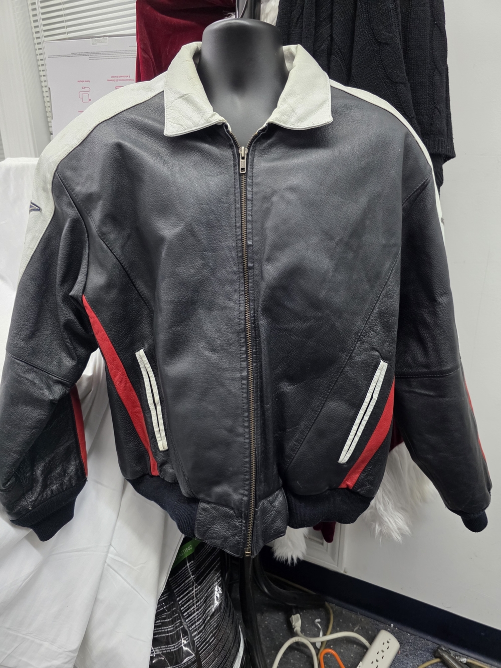 Men's Black Leather Bomber Jacket with American Flag